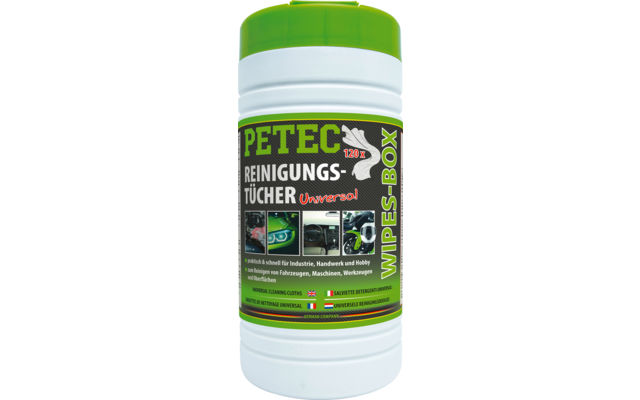 Weiße Kunststoffdose mit grünem Deckel, Etikett mit der Aufschrift 'PETEC REINIGUNGS-TÜCHER Universal WIPES-BOX' und kleinen Produktabbildungen