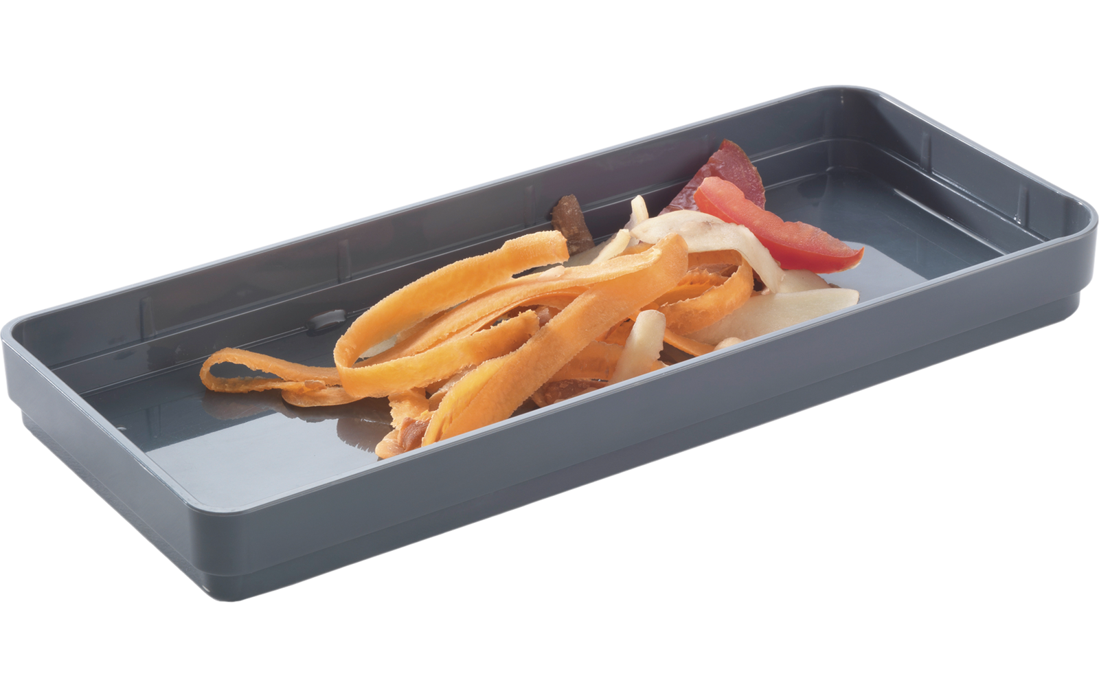 Grijs rechthoekig bord met oranje-rode groentesalade