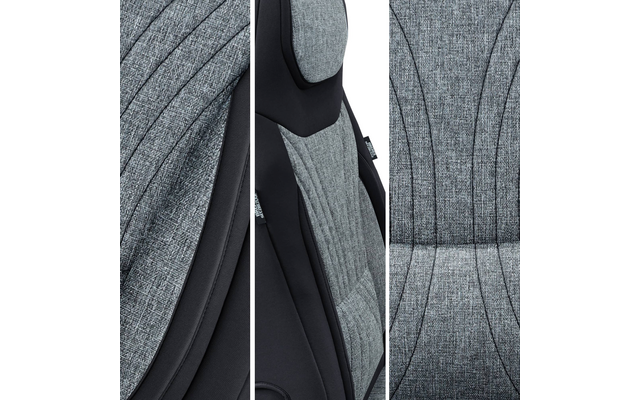Dreiteilige Nahaufnahme von grauem, strukturiertem Polsterstoff mit schwarzen Seitenwangen und sichtbaren Steppnähten