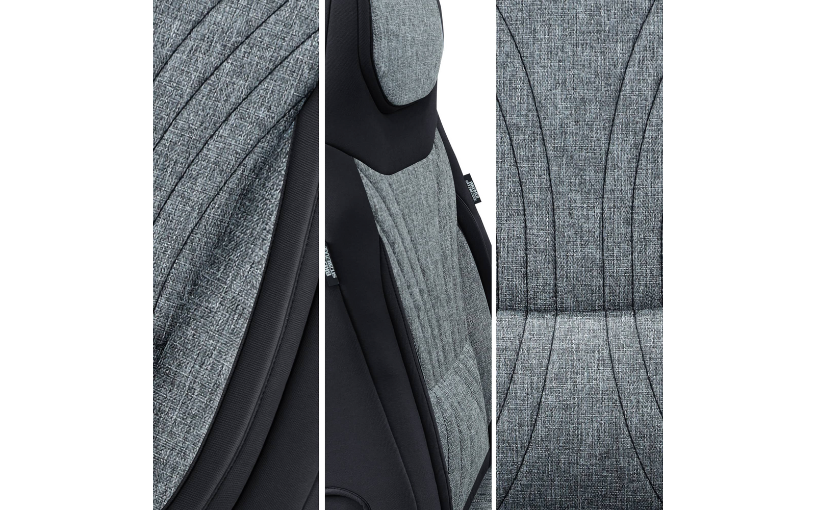 Dreiteilige Nahaufnahme von grauem, strukturiertem Polsterstoff mit schwarzen Seitenwangen und sichtbaren Steppnähten