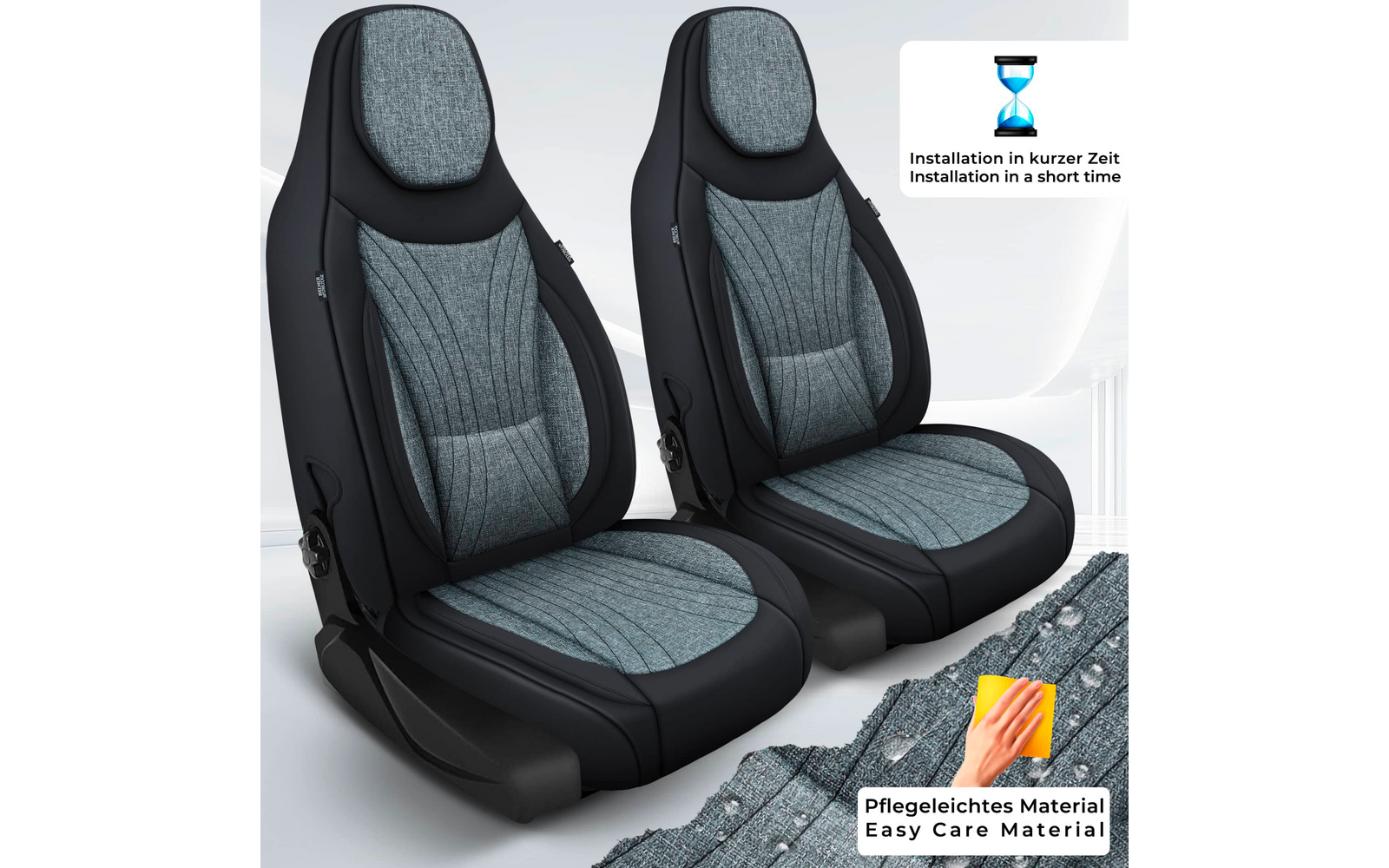 Zwei Autositze mit grauem, strukturiertem Stoffeinsatz und schwarzen Seitenwangen vor hellem Hintergrund; oben rechts Sanduhr-Icon mit Text; unten rechts Nahaufnahme des Stoffes und eine Hand mit gelbem Schwamm