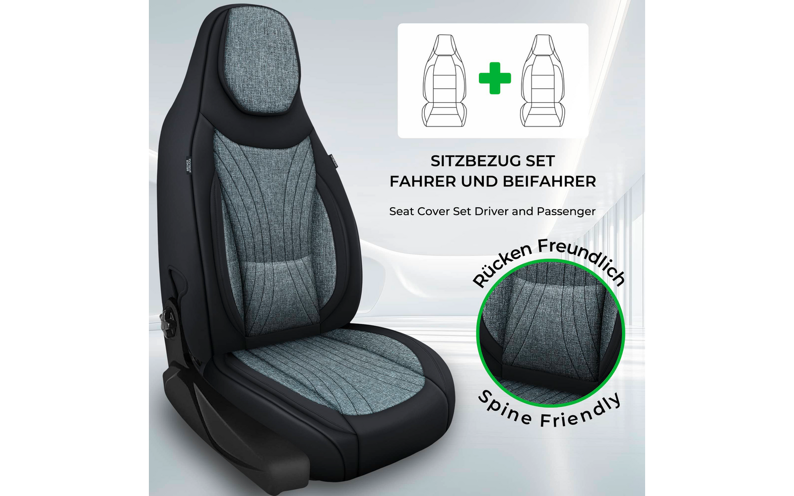 Schwarzer Autositzbezug mit grauer, melierter Mittelpolsterung und passendem Kopfstützenbezug; kreisförmige Nahaufnahme; sichtbare Texte ‚SITZBEZUG SET FAHRER UND BEIFAHRER‘ und ‚Rücken Freundlich / Spine Friendly‘; zwei Sitzumrisse mit grünem Plusze