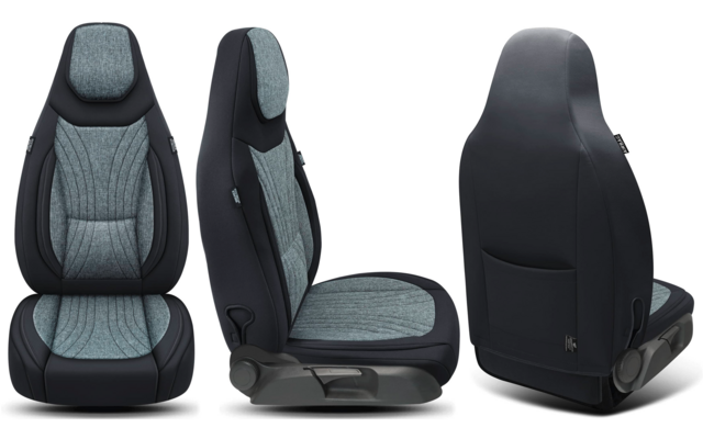 Drei Autositze nebeneinander: Vorderansicht, Seitenansicht und Rückansicht. Graue gesteppte Polsterung in der Mitte, schwarze Seitenverkleidung, sichtbare Nähte, Hebel an der Sitzbasis, weißer Hintergrund