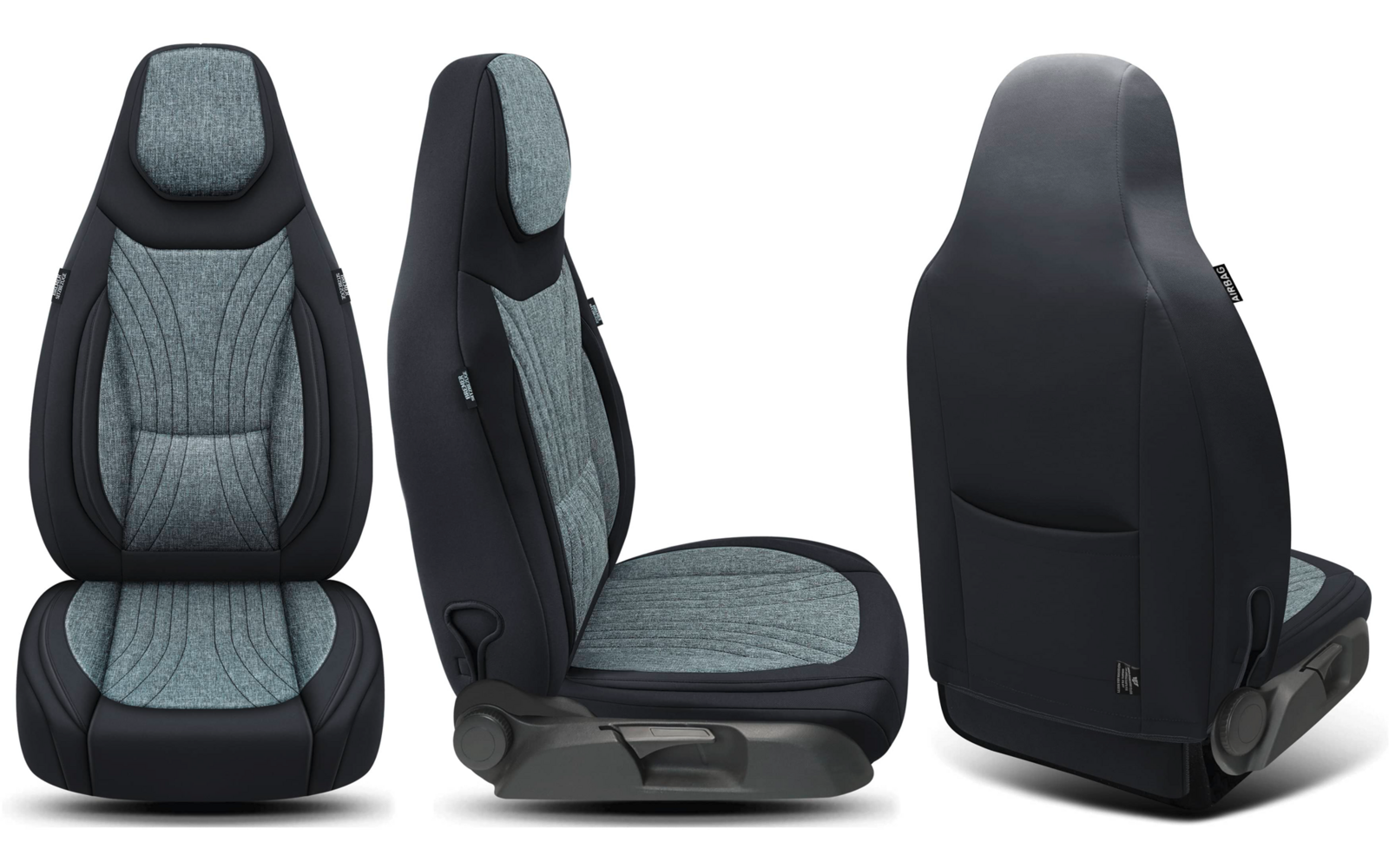 Drei Autositze nebeneinander: Vorderansicht, Seitenansicht und Rückansicht. Graue gesteppte Polsterung in der Mitte, schwarze Seitenverkleidung, sichtbare Nähte, Hebel an der Sitzbasis, weißer Hintergrund