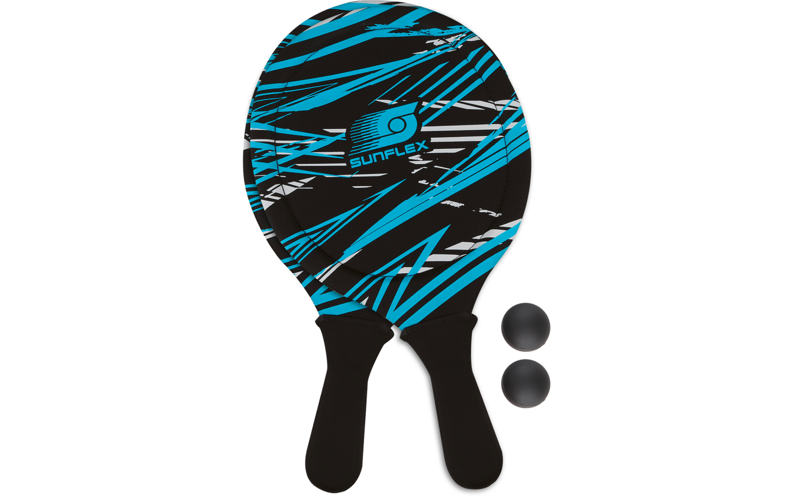 Zwei Tischtennisschläger mit schwarzem Griff und blau-schwarzem Muster, daneben zwei schwarze Tischtennisbälle