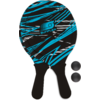 Zwei Tischtennisschläger mit schwarzem Griff und blau-schwarzem Muster, daneben zwei schwarze Tischtennisbälle