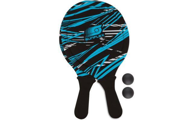 Zwei Tischtennisschläger mit schwarzem Griff und blau-schwarzem Muster, daneben zwei schwarze Tischtennisbälle