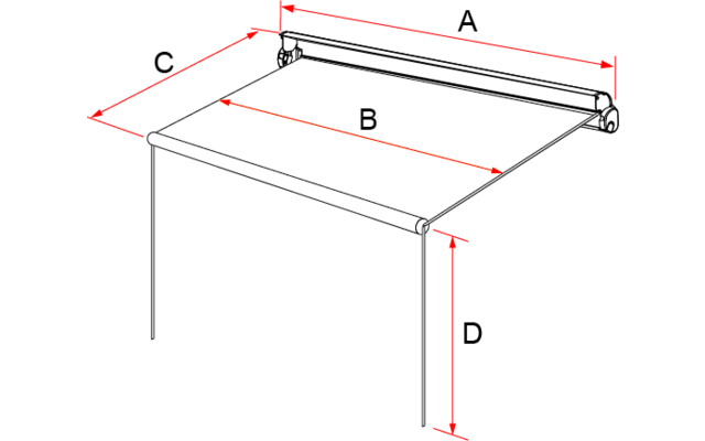 Schematische Zeichnung eines rechteckigen, ausgefahrenen Stofftuchs, gespannt zwischen zwei senkrechten Stangen; vorderer Rollstab sichtbar; rote Maßpfeile an den Seiten und oben; Buchstabe "B" auf dem Tuch