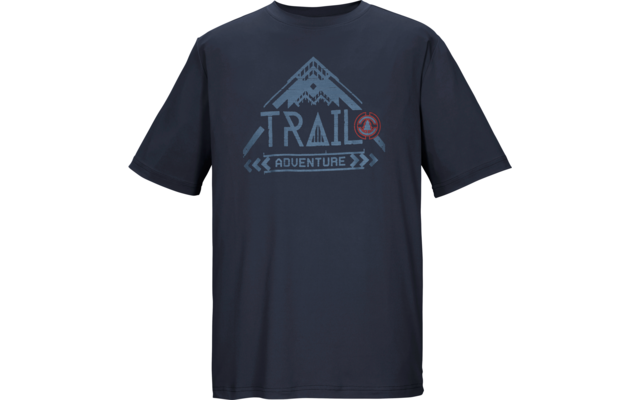 T-shirt blu scuro con stampa: montagne stilizzate, parola 'TRAIL' in grande, sotto 'ADVENTURE' e un emblema rotondo rosso a destra