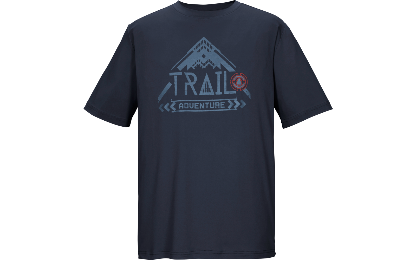 T-shirt blu scuro con stampa: montagne stilizzate, parola 'TRAIL' in grande, sotto 'ADVENTURE' e un emblema rotondo rosso a destra
