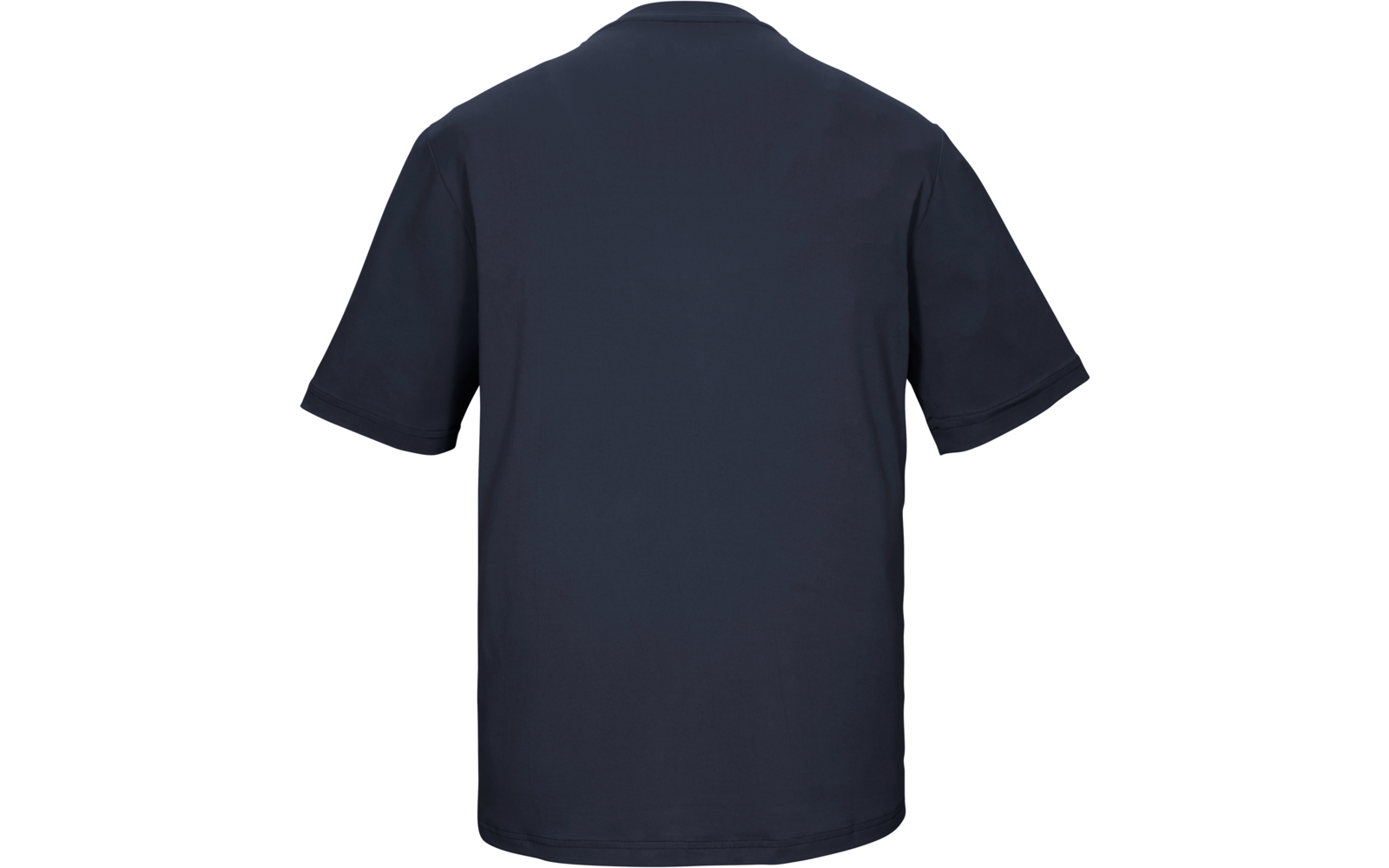 Vista posteriore di una T-shirt blu scuro a maniche corte con collo rotondo