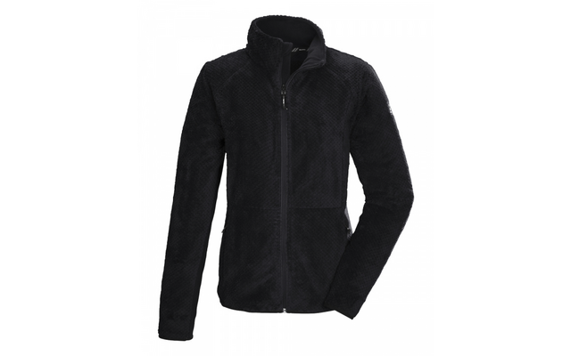 Schwarze Fleecejacke mit durchgehendem Reißverschluss, hohem Kragen, strukturierter Oberfläche und zwei seitlichen Reißverschlusstaschen