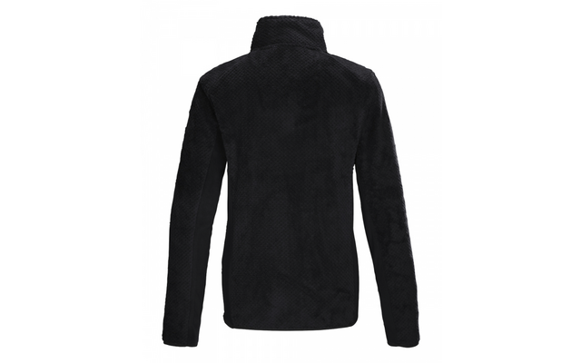 Schwarze Fleecejacke, Rückansicht, lange Ärmel, Stehkragen, texturiertes Material, weißer Hintergrund