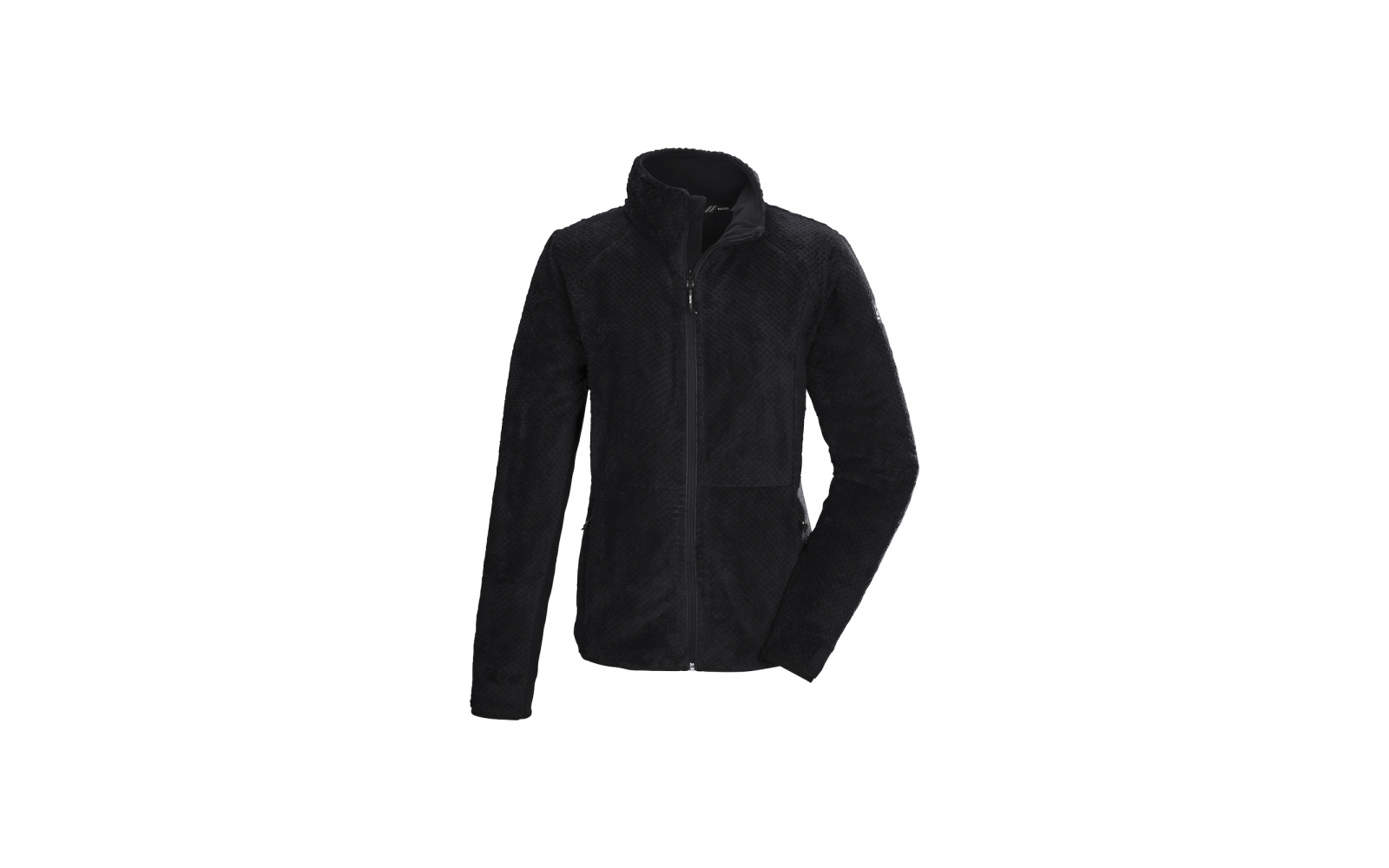 Schwarze Fleecejacke mit durchgehendem Reißverschluss, hohem Kragen, strukturierter Oberfläche und zwei seitlichen Reißverschlusstaschen