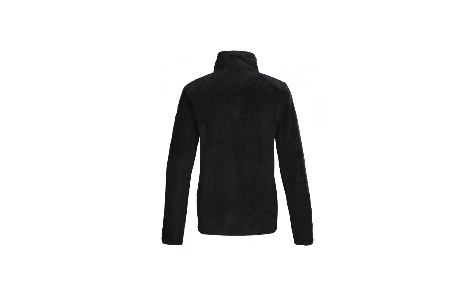 Schwarze Fleecejacke, Rückansicht, lange Ärmel, Stehkragen, texturiertes Material, weißer Hintergrund