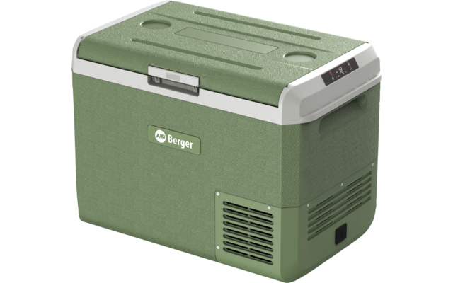Grün-weiße rechteckige Box mit aufliegendem Deckel, Griffen, seitlichem Lüftungsgitter, kleinem Anzeigefeld und Logo "Berger"