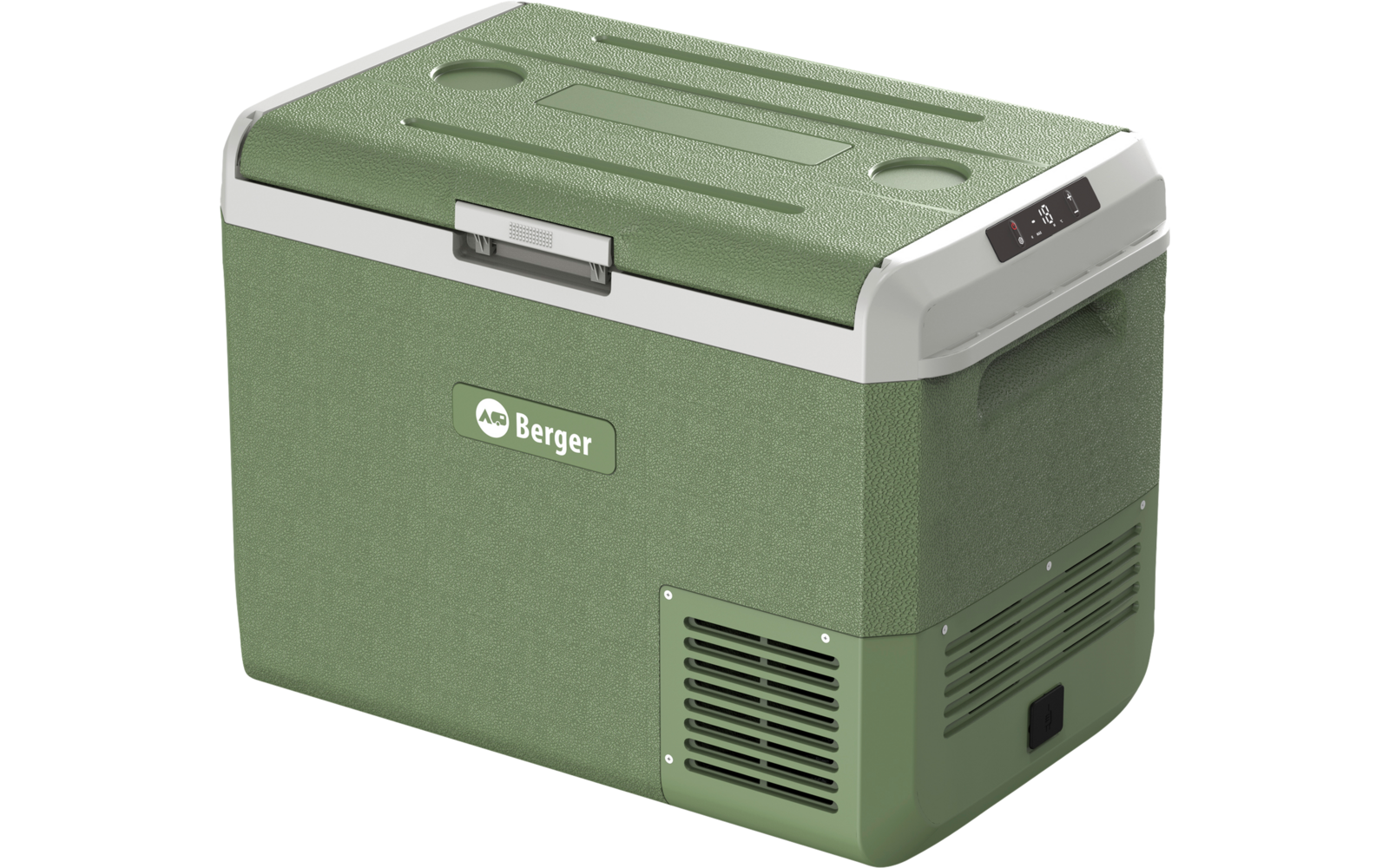 Grün-weiße rechteckige Box mit aufliegendem Deckel, Griffen, seitlichem Lüftungsgitter, kleinem Anzeigefeld und Logo "Berger"