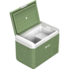 Grüne Kühlbox mit offenem Deckel, weißem Innenraum und kleiner Trennwand
