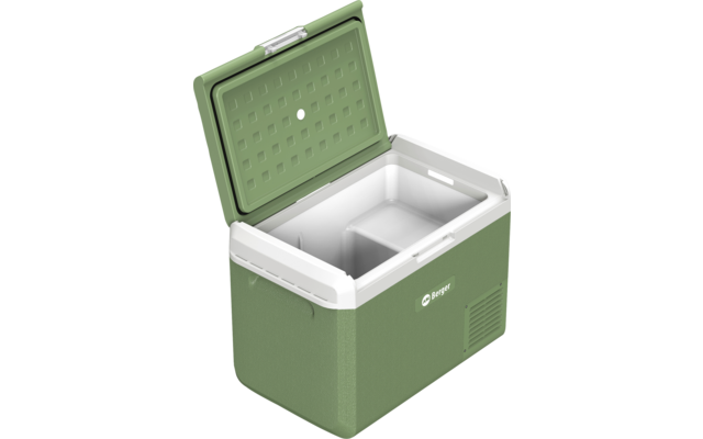 Grüne Kühlbox mit offenem Deckel, weißem Innenraum und kleiner Trennwand