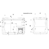 Dessin technique montrant vues de face et de côté d'un objet rectangulaire, lignes de cote et dimensions en millimètres, et une section détaillée avec composants visibles en bas à droite