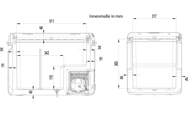 Dessin technique montrant vues de face et de côté d'un objet rectangulaire, lignes de cote et dimensions en millimètres, et une section détaillée avec composants visibles en bas à droite