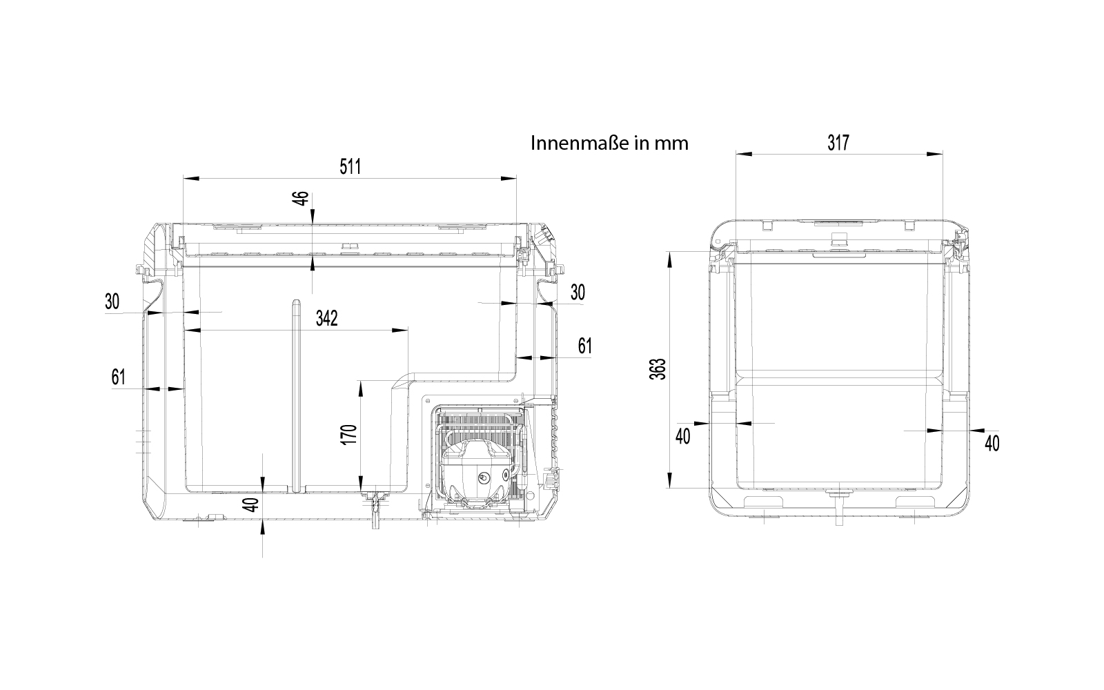Dessin technique montrant vues de face et de côté d'un objet rectangulaire, lignes de cote et dimensions en millimètres, et une section détaillée avec composants visibles en bas à droite