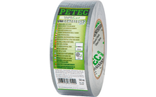 Rolle silbernes Klebeband mit grünem PETEC-Logo und bedrucktem Etikett mit Produkttext und Barcode
