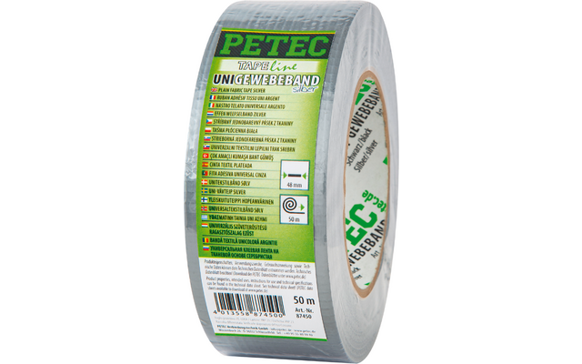 Rolle silbernes Klebeband mit grünem PETEC-Logo und bedrucktem Etikett mit Produkttext und Barcode