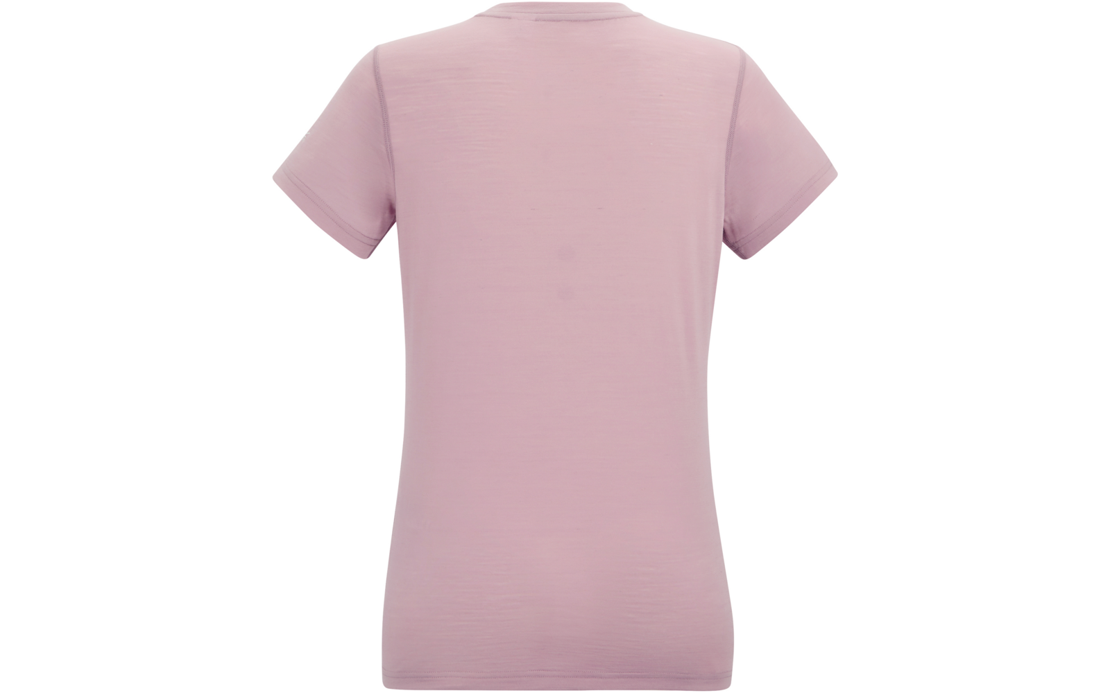 Rückansicht eines einfarbigen hellrosa T-Shirts mit kurzen Ärmeln und Rundhalsausschnitt vor weißem Hintergrund