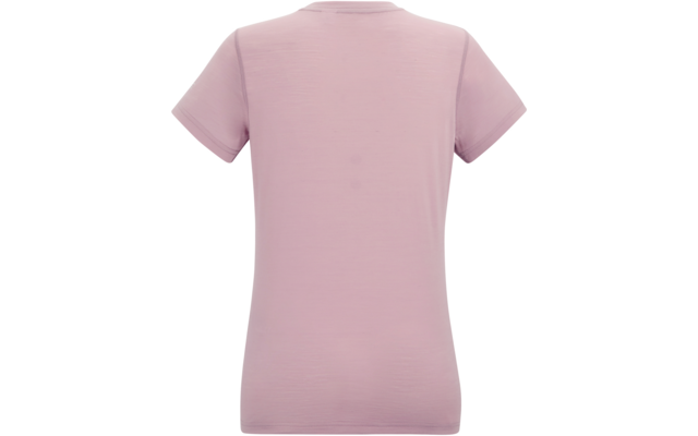 Rückansicht eines einfarbigen hellrosa T-Shirts mit kurzen Ärmeln und Rundhalsausschnitt vor weißem Hintergrund