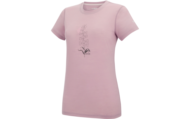 Hellrosa kurzärmeliges T-Shirt mit rundem Halsausschnitt und schwarzem, vertikalem Blumenmotiv in der Mitte