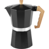 Zwarte espressomaker met zilveren middenband en houten handvat