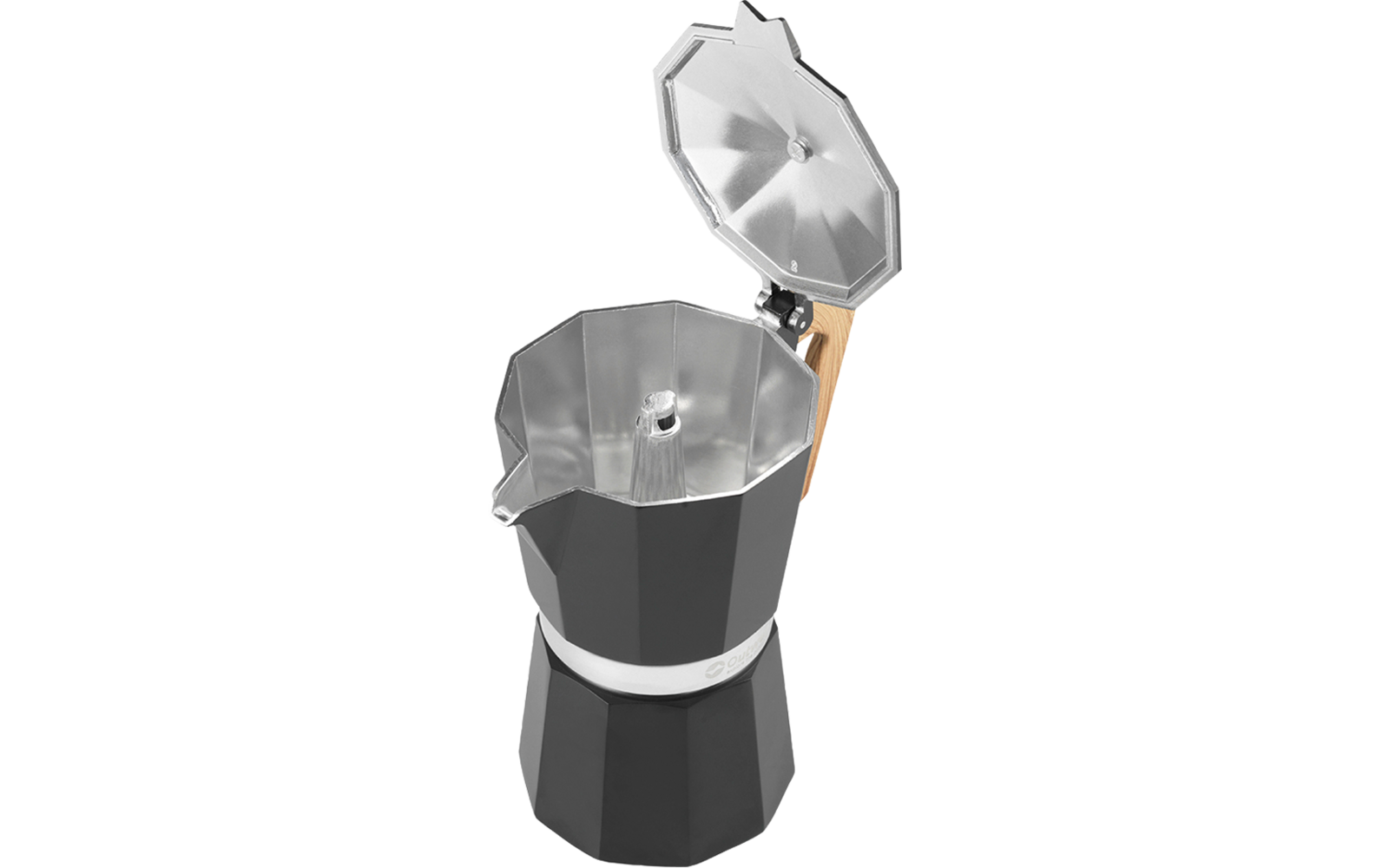 Een zwarte espressomaker met een open deksel