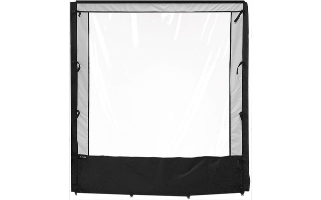 Quadratisches durchsichtiges Kunststofffenster in schwarzem Stoffrahmen mit vier seitlichen Schlaufen und breitem schwarzem Stoffstreifen unten