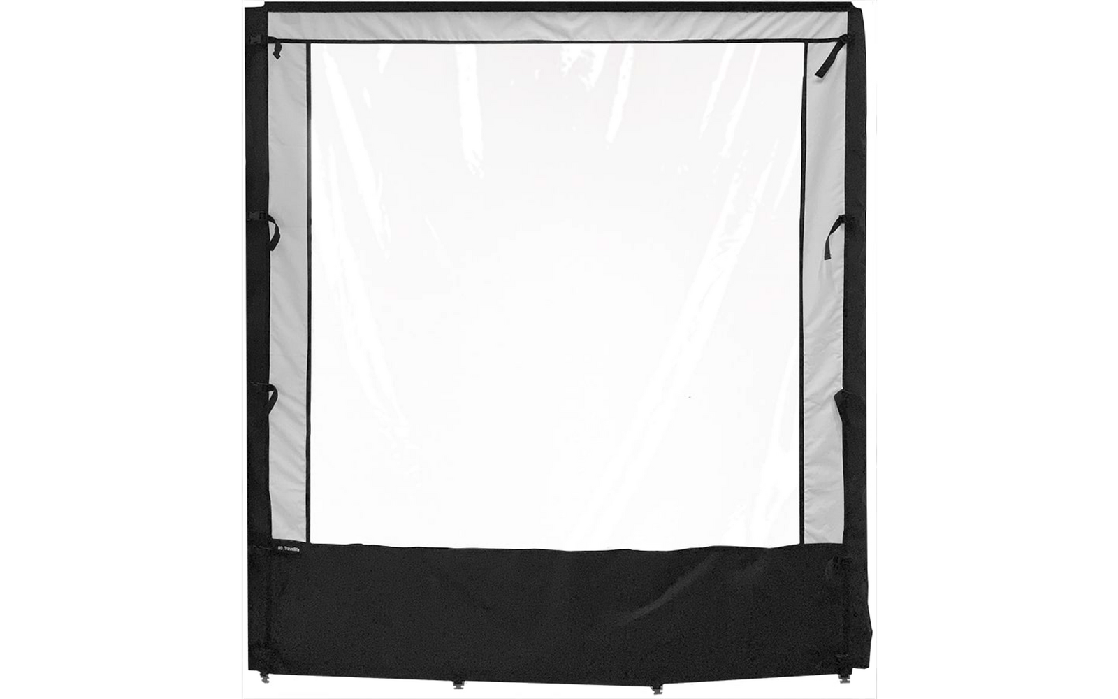 Quadratisches durchsichtiges Kunststofffenster in schwarzem Stoffrahmen mit vier seitlichen Schlaufen und breitem schwarzem Stoffstreifen unten