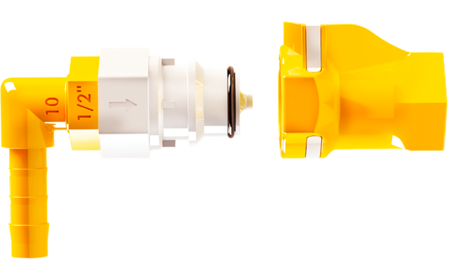 Zwei gelbe Kunststoffteile, links ein Bauteil mit rechtwinkligem Schlauchstutzen und weißem Einsatz mit schwarzem O‑Ring, rechts ein offenes Gehäuse