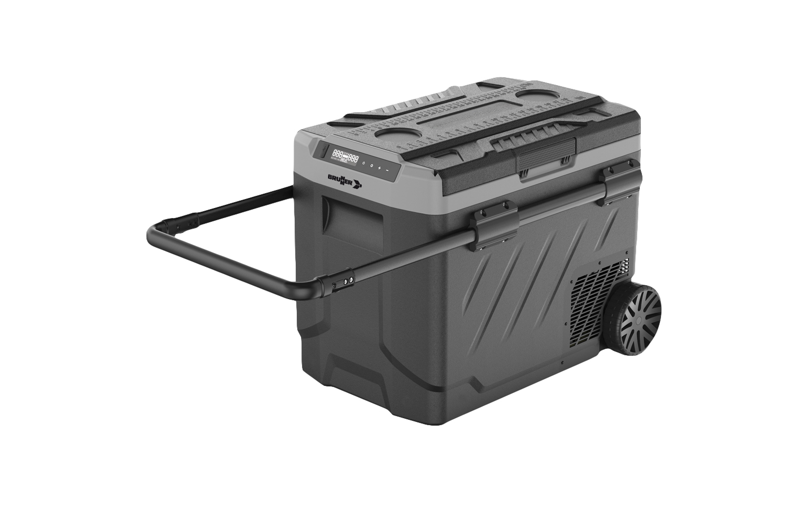 Grijze rechthoekige kunststof koelbox met opklapbaar deksel, twee wielen aan één kant en uitschuifbare metalen handgreep