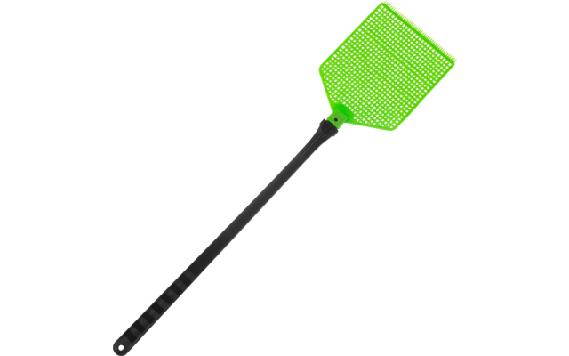 Tapette à mouches verte avec poignée noire sur fond blanc