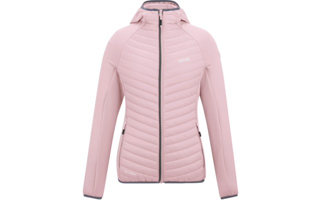 Rosa gesteppte Jacke mit Kapuze, durchgehendem Reißverschluss, seitlichen Reißverschlusstaschen, grauen Kanten und Logo auf der Brust