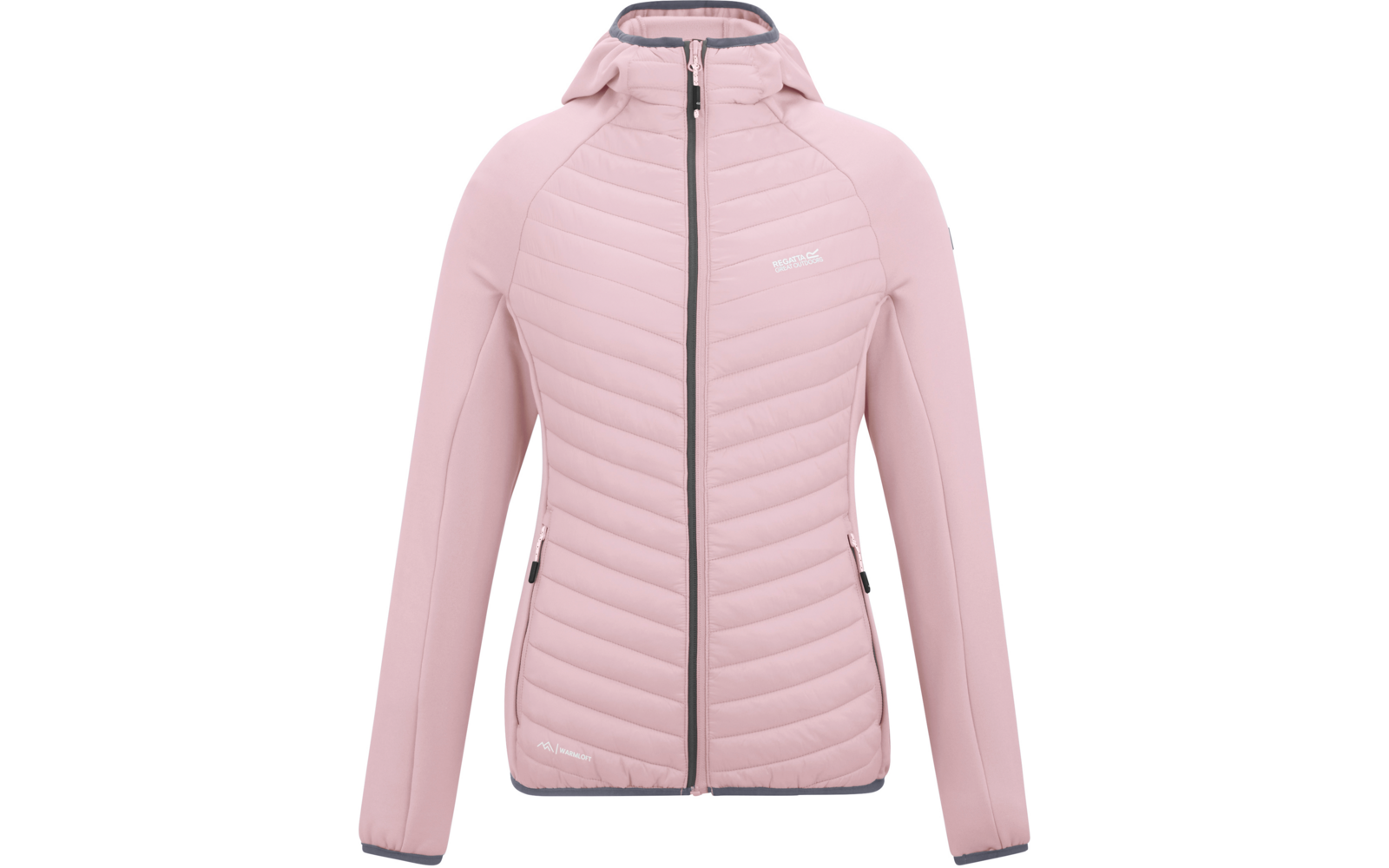 Rosa gesteppte Jacke mit Kapuze, durchgehendem Reißverschluss, seitlichen Reißverschlusstaschen, grauen Kanten und Logo auf der Brust