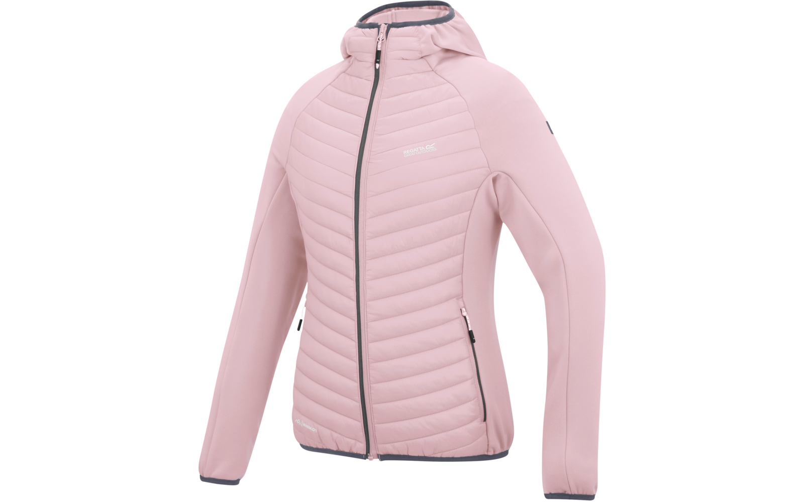 Rosa gesteppte Jacke mit Kapuze, durchgehendem Reißverschluss, zwei seitlichen Reißverschlusstaschen und langen Ärmeln