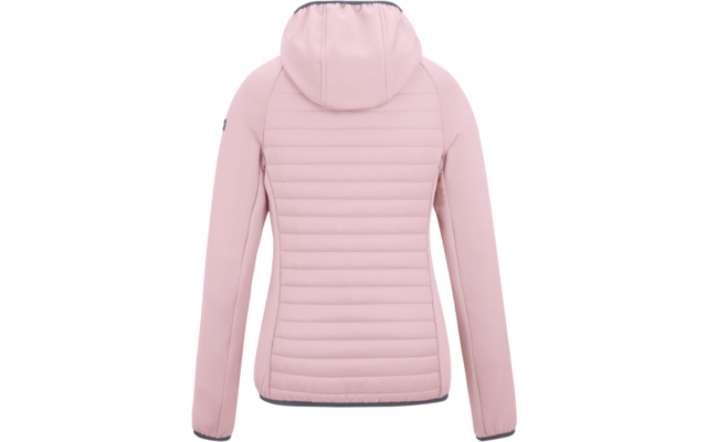 Rosa gesteppte Jacke mit Kapuze, Rückenansicht, lange Ärmel, dunkelgrauer Saum und Ärmelabschlüsse