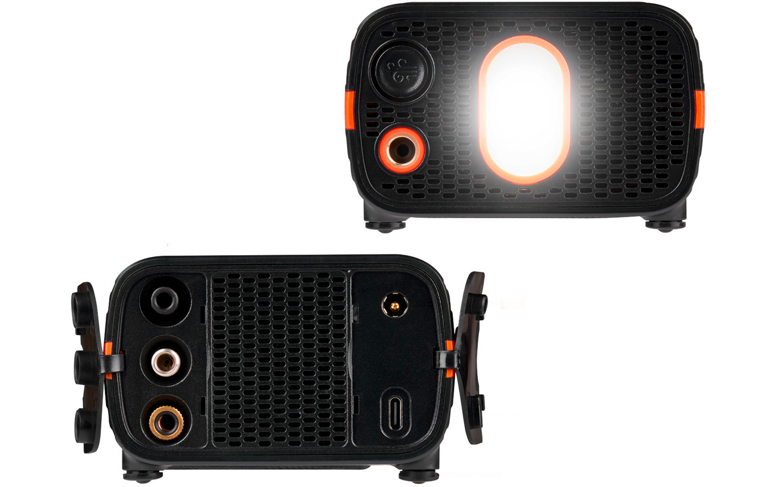 Zwei Ansichten eines kleinen schwarzen rechteckigen Geräts mit orangefarbenen Akzenten: obere Ansicht zeigt gitterförmige Vorderseite mit ovalem weißen Licht in der Mitte und zwei runden Anschlüssen links; untere Ansicht zeigt Rückseite mit drei rund