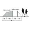 Skizze eines Zeltes mit links schattiertem Vorzelt, oben Beschriftungen „100/Inner 90“ und „120/Inner 110“, Bodensegmente 95‑130‑100‑90 mit Gesamtlänge 415, rechts zwei Menschensilhouetten, eine trägt ein Kind