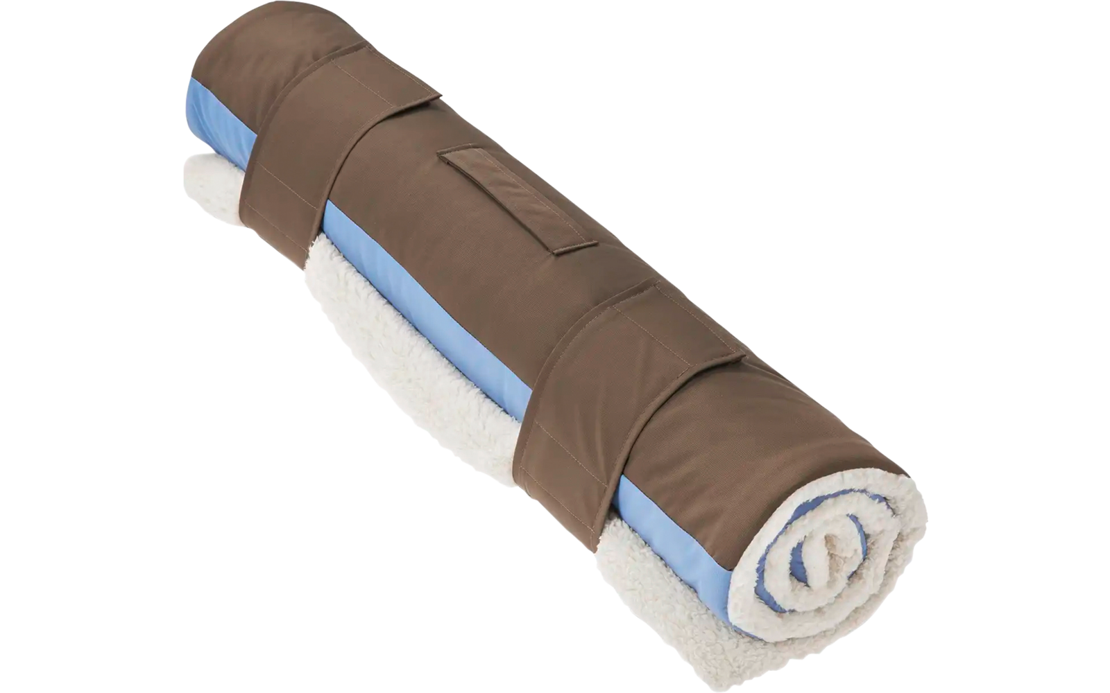 Zusammengerollte braune und weiße Decke mit hellblauen Streifen