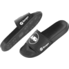 Zwei schwarze Slide-Sandalen auf weißem Hintergrund, eine von oben, eine umgedreht mit sichtbarer Sohle; weißer Markenname "Berger" und weißer Kreis mit schwarzem Symbol auf dem Riemen