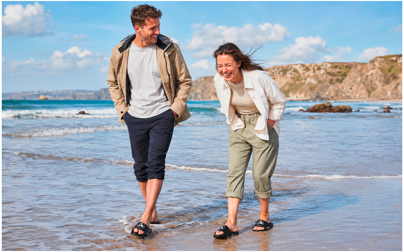 Un homme et une femme souriants marchent dans l'eau peu profonde sur une plage; tous deux portent des sandales; falaises rocheuses et ciel nuageux en arrière-plan
