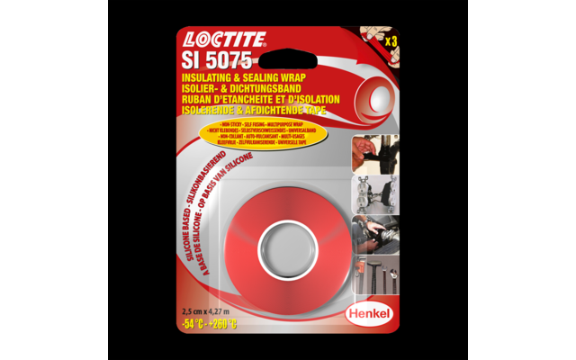 Blisterkarte mit roter Tape-Rolle in der Mitte, Aufdruck "LOCTITE SI 5075", mehrere kleine Anwendungsfotos, Henkel-Logo sowie Angaben "2,5 cm x 4,27 m" und "-54 °C - +260 °C"