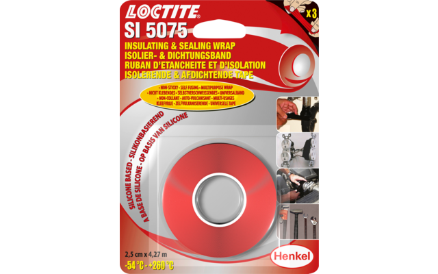 Confezione blister con una bobina di nastro rossa al centro, scritta "LOCTITE SI 5075", diverse piccole foto di applicazione, logo Henkel e indicazioni "2,5 cm x 4,27 m" e "-54 °C - +260 °C"