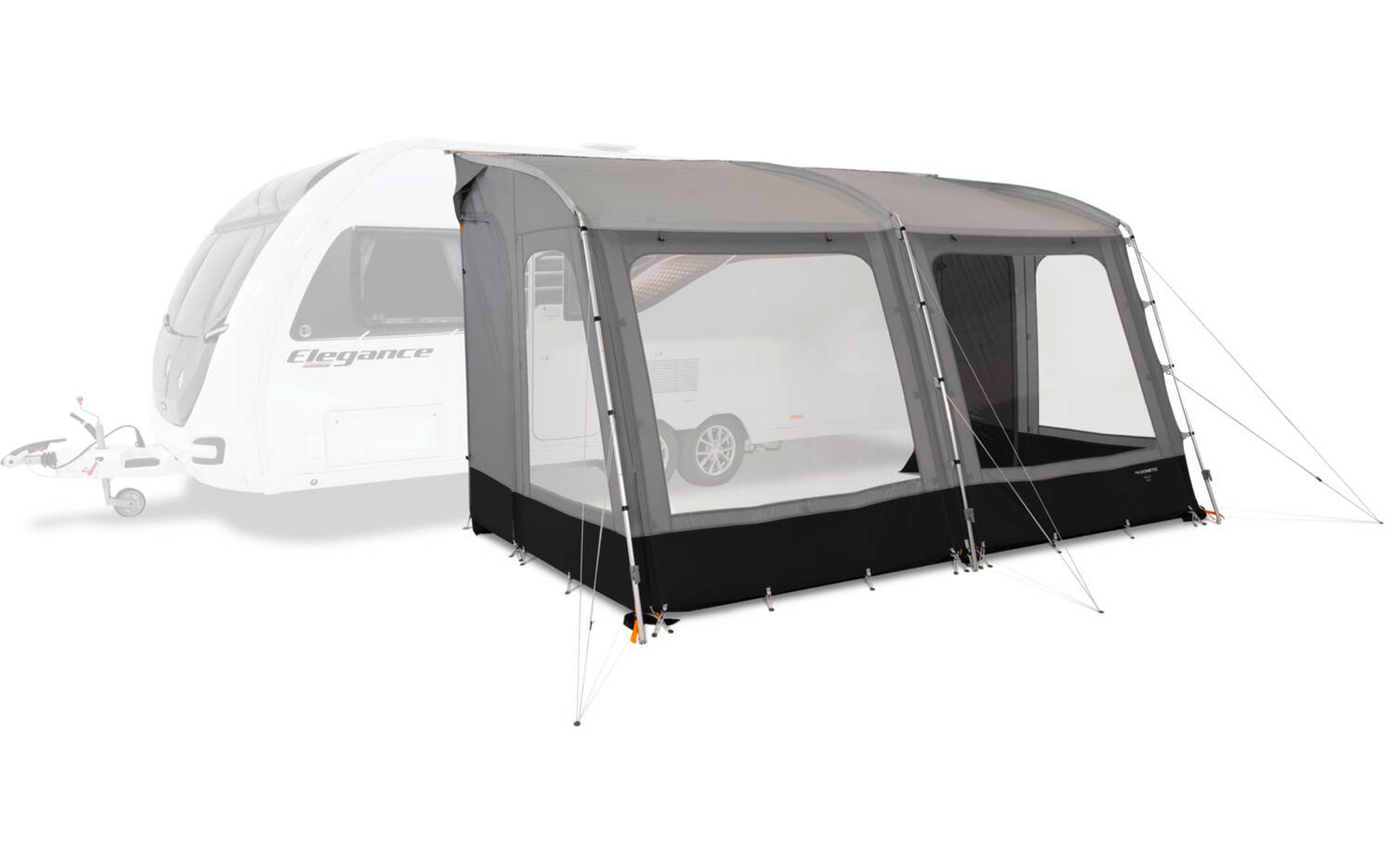 Graues Wohnwagenvorzelt mit großen transparenten Fenstern, schwarzem unteren Saum, Abspannleinen und Erdankern, befestigt an einem weißen Wohnwagen